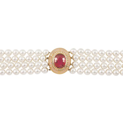 Lot 101 - Four Strand Cultured Pearl Necklace, Frosted Rock Crystal, Rubellite and Diamond Necklace