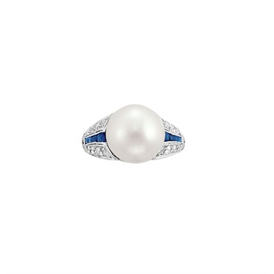 Lot 239 - Platinum, Natural Pearl, Diamond and Sapphire Ring