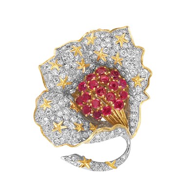 Lot 107 - Two-Color Gold, Ruby and Diamond Flower Brooch