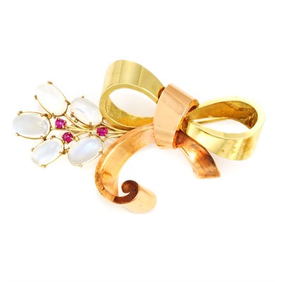 Lot 663 - Rose and Yellow Gold, Moonstone and Cabochon Ruby Bow Brooch, Black, Starr & Gorham