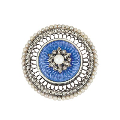 Lot 13 - Antique Gold, Silver, Guilloche Enamel, Diamond, Button and Seed Pearl Pin