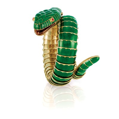 Lot 385 - Gold and Green Enamel Snake Bracelet