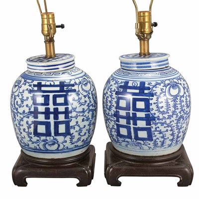 Lot 463 - Pair of Chinese Blue and White Porcelain Lamps...