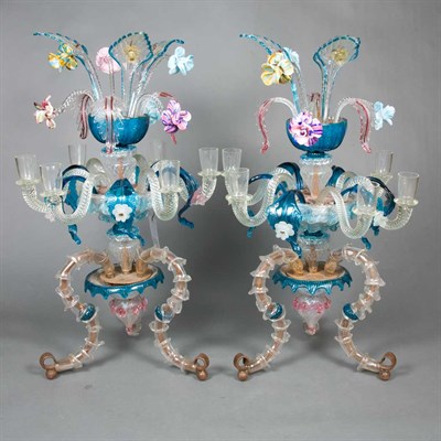 Lot 216 - Pair of Venetian Glass Six-Light Candelabra...