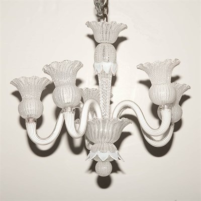 Lot 424 - Venetian White Glass Five-Light Chandelier...