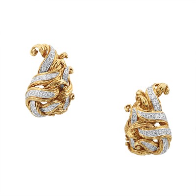 Lot 513 - Pair of Gold, Platinum and Diamond Earclips, Tiffany & Co.