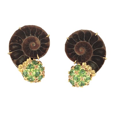 Lot 99 - Pair of Gold, Ammonite, Peridot and Orange-Brown Diamond Snail Earclips, Lotus Art de Vivre