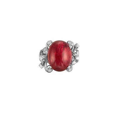 Lot 218 - Silver, Cabochon Red Spinel and Diamond Ring