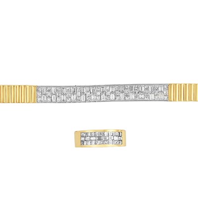 Lot 163 - Two-Color Gold and Diamond Bracelet and Band Ring