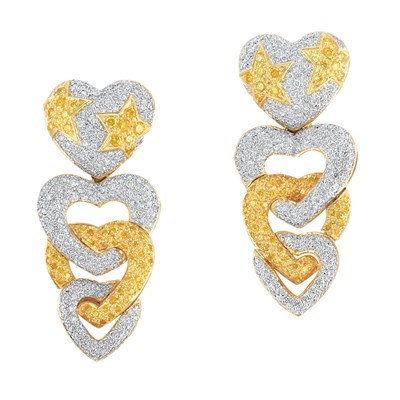 Lot 181 - Pair of Two-Color Gold, Diamond and Yellow Diamond Pendant-Earclips