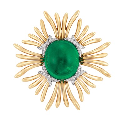 Lot 532 - Gold, Platinum, Cabochon Emerald and Diamond 'Ray' Clip-Brooch, Verdura
