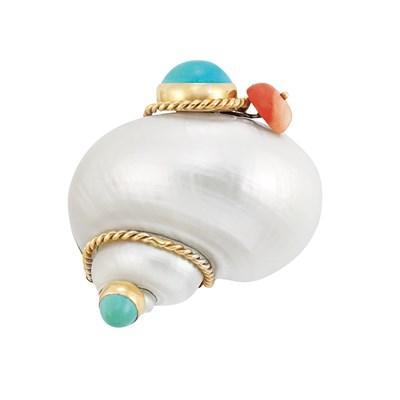 Lot 353 - Gold, Shell, Turquoise and Coral Clip-Brooch, Seaman Schepps