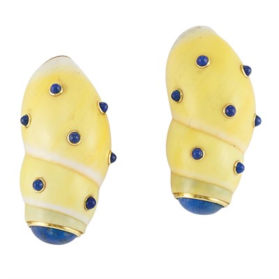 Lot 208 - Pair of Gold, Yellow Shell and Lapis Earclips, Seaman Schepps