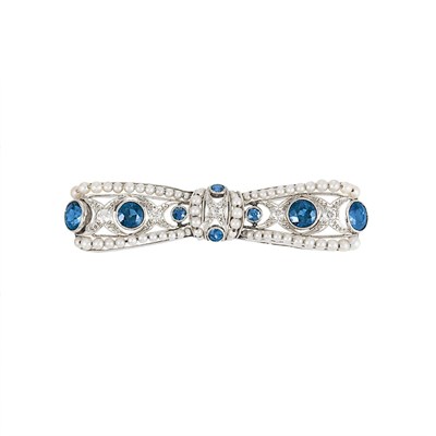 Lot 246 - Edwardian Platinum, Sapphire, Seed Pearl and Diamond Bow Brooch