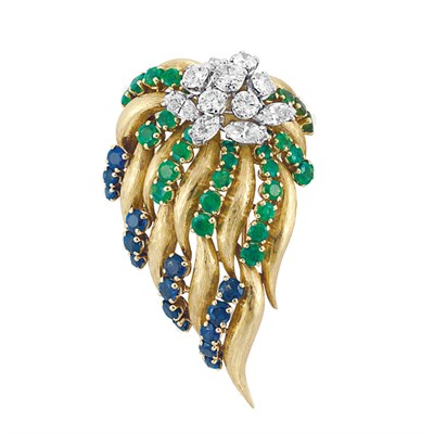 Lot 421 - Gold, Platinum, Diamond, Sapphire and Emerald Leaf Clip-Brooch, Mauboussin