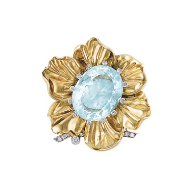 Lot 402 - Gold, Platinum, Aquamarine and Diamond Flower Clip, Cartier