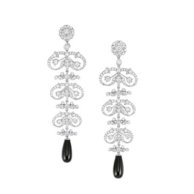 Lot 255 - Pair of White Gold, Diamond and Black Onyx Pendant-Earrings