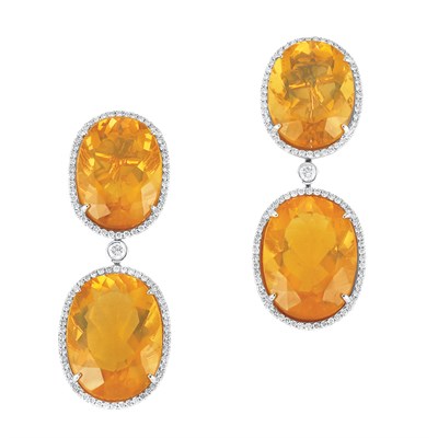 Lot 220 - Pair of Gold, Fire Opal and Diamond Pendant-Earrings