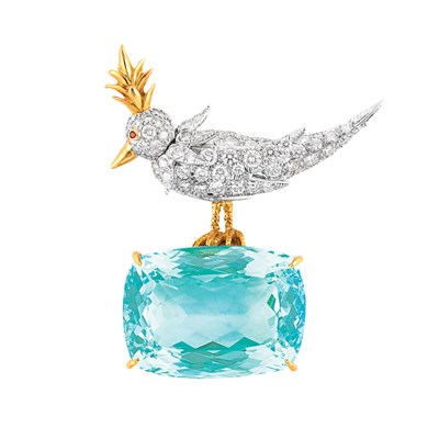 Lot 629 - Gold, Platinum, Diamond and Aquamarine 'Bird on a Rock' Brooch, Tiffany & Co., Schlumberger