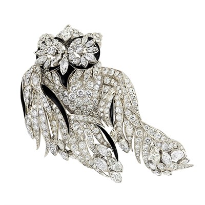 Lot 251 - White Gold, Diamond and Black Enamel Owl Brooch