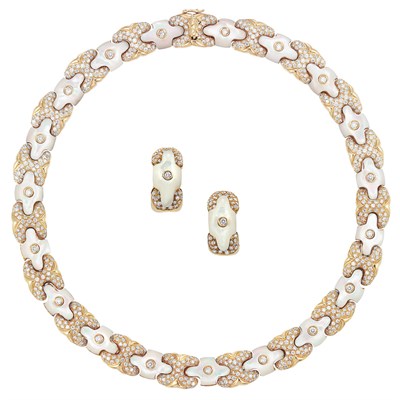 Lot 486 - Gold, Mother-of-Pearl and Diamond Necklace and Pair of Earclips