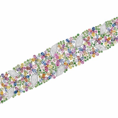 Lot 330 - White Gold, Multicolored Sapphire, Green Garnet and Diamond Cuff Bracelet