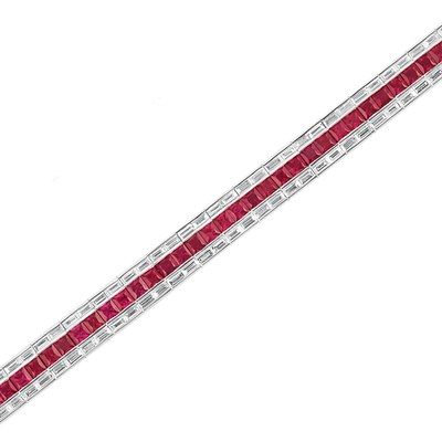 Lot 545 - White Gold, Ruby and Diamond Straightline Bracelet