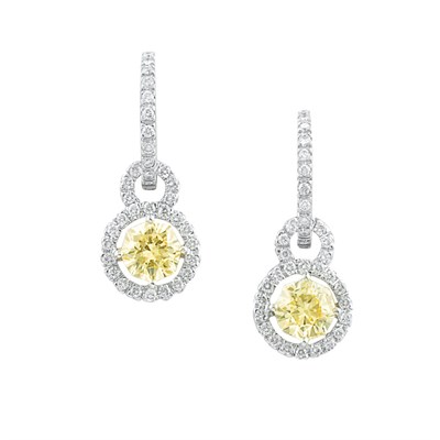 Lot 543 - Pair of White Gold, Yellow Diamond and Diamond Pendant-Earrings