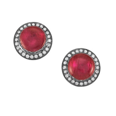 Lot 176 - Pair of Indian Gold, Silver, Foiled-Back Cabochon Ruby and Diamond Earrings
