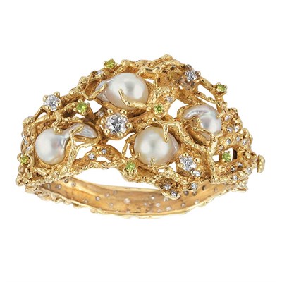 Lot 135 - Nugget Gold, Keshi Pearl and Diamond Bangle Bracelet, Arthur King