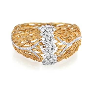 Lot 522 - Gold, Platinum and Diamond Bangle Bracelet