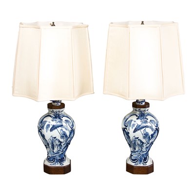 Lot 380 - Pair of Delft Blue and White Lamps Height 17...