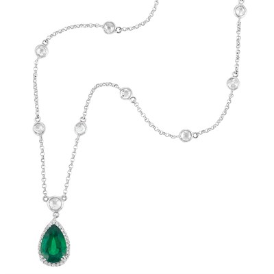 Lot 577 - White Gold, Emerald and Diamond Pendant-Necklace