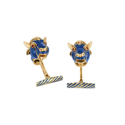 Lot 383 - Pair of Gold and Blue Enamel Bull's Head Cufflinks, David Webb