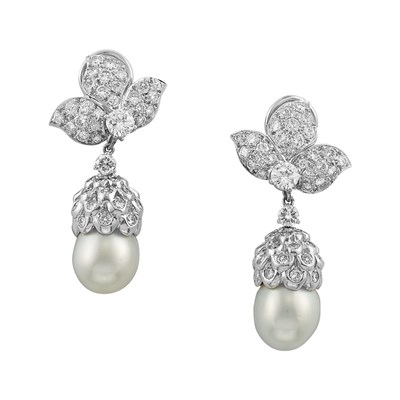 Lot 442 - Pair of Platinum, Cultured Pearl and Diamond Pendant-Earclips