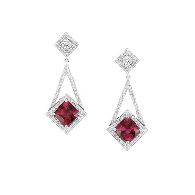 Lot 112 - Pair of White Gold, Rubellite and Diamond Pendant-Earrings