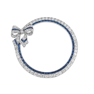 Lot 245 - Platinum, Diamond and Sapphire Circle Bow Brooch