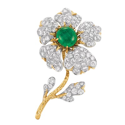 Lot 422 - Gold, Platinum, Diamond and Cabochon Emerald Flower Clip-Brooch