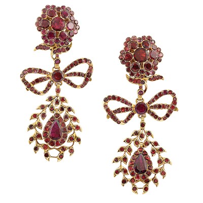 Lot 436 - Pair of Gold and Foiled-Back Garnet Pendant-Earrings