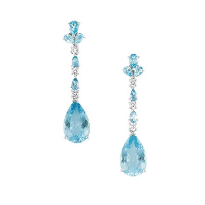Lot 265 - Pair of Platinum, Aquamarine and Diamond Pendant-Earrings