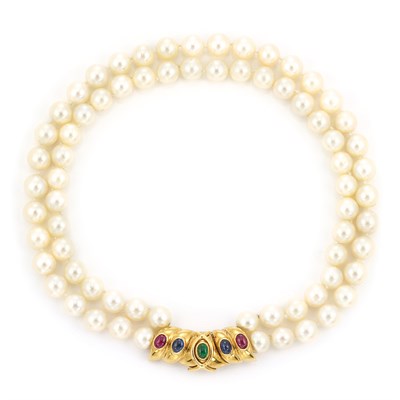 Lot 673 - Double Strand Cultured Pearl Necklace with Gold and Cabochon Colored Stone Clasp