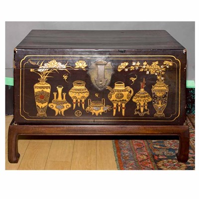 Lot 264 - Chinese Gilt Decorated Black Lacquered Chest...