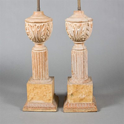 Lot 297 - Pair of Neoclassical Style Carved Wood Lamps