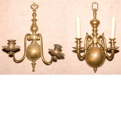 Lot 312 - Two Pairs of Dutch Style Brass Two-Light Sconces