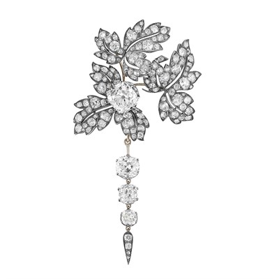 Lot 308 - Antique Silver, Gold and Diamond Currant 'en Pampille' Brooch