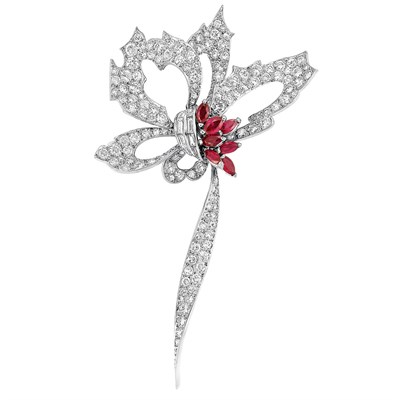 Lot 292 - Diamond and Ruby Flower Bow Clip-Brooch, Chaumet