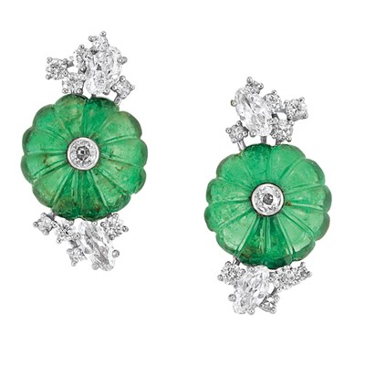 Lot 286 - Pair of Platinum, Carved Emerald and Diamond Earclips, Chaumet