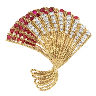 Lot 282 - Gold, Ruby and Diamond Fan Brooch, Van Cleef & Arpels