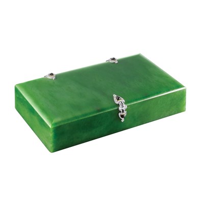 Lot 301 - Art Deco Nephrite, Platinum, Gold, Black Onyx and Diamond Box, Cartier