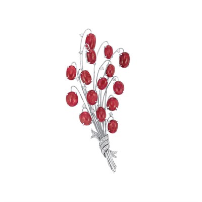 Lot 293 - White Gold, Platinum, Cabochon Ruby and Diamond Bouquet Clip-Brooch, Attributed to Flato